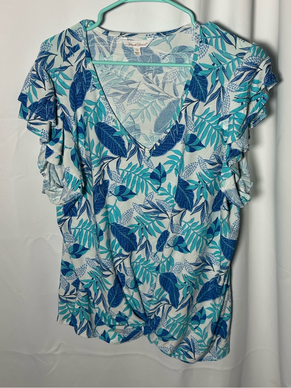 Island Shores  Blue & Teal tropical V-Neck Ruffle Sleeve Top w/ gathered waist